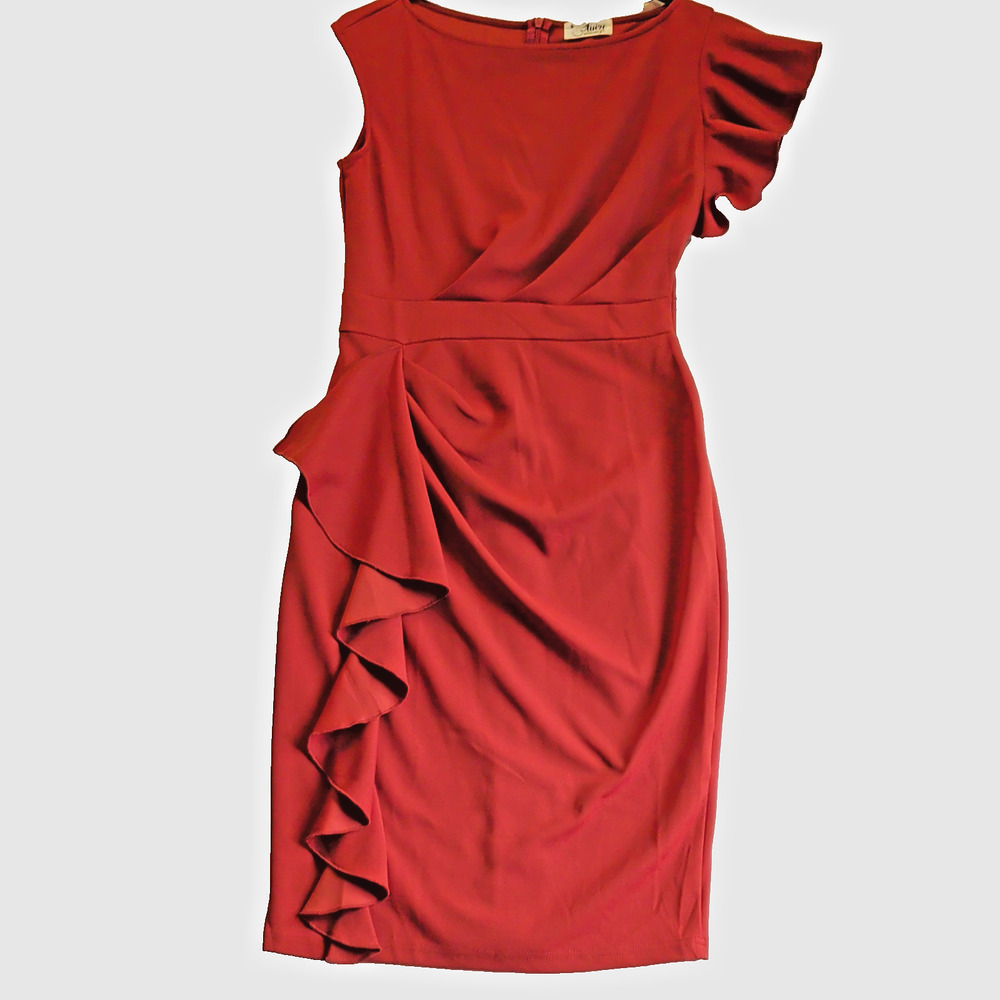 Aisize Womens Pencil Dress Burnt Orange Asymmetric Ruffle Retro Pinup Midi Sz M